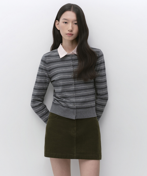 우먼즈 멀티 스트라이프 라운드 넥 가디건 [그레이]