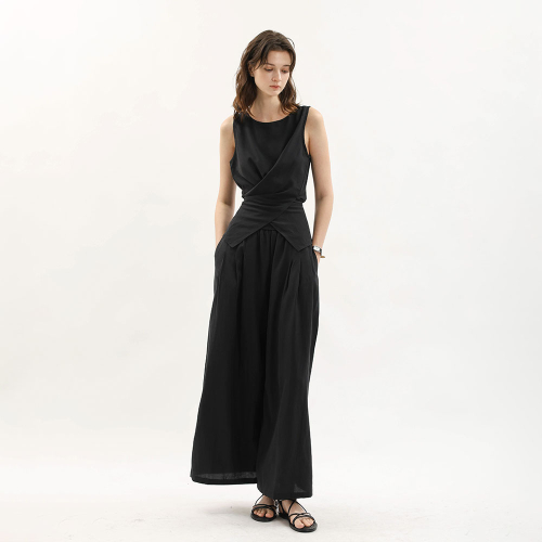 WD_Asymmetric drape vest and pants set_BLACK