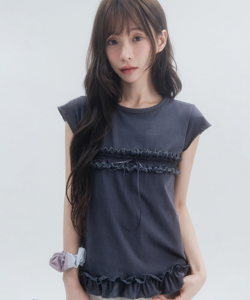 Lace Shirred Round-Neck Short Sleeve