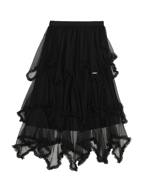 LAYERED FRILL TULLE LONG SKIRT_BLACK