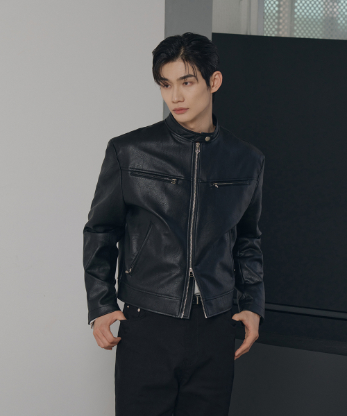 Essential cracked leather biker jacket(Black)