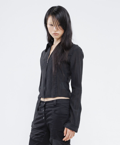 SHEER GATHERED SHIRT JACKET BLACK