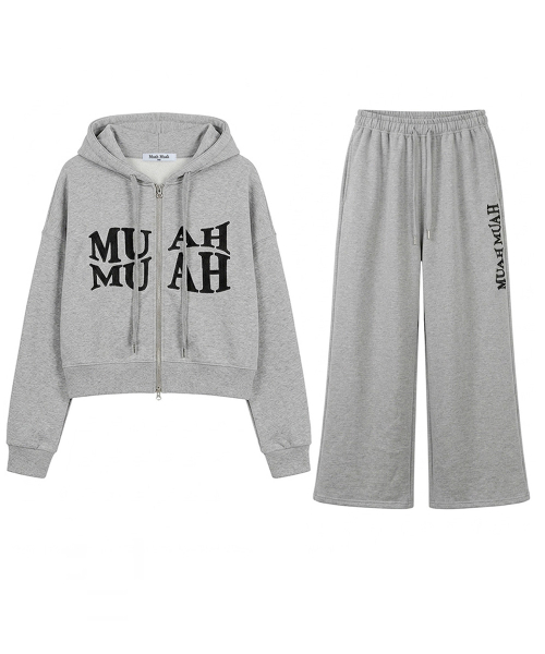 [SET] WAVE STITCH HOOD ZIPUP BANDING PANTS SET UP [GRAY]