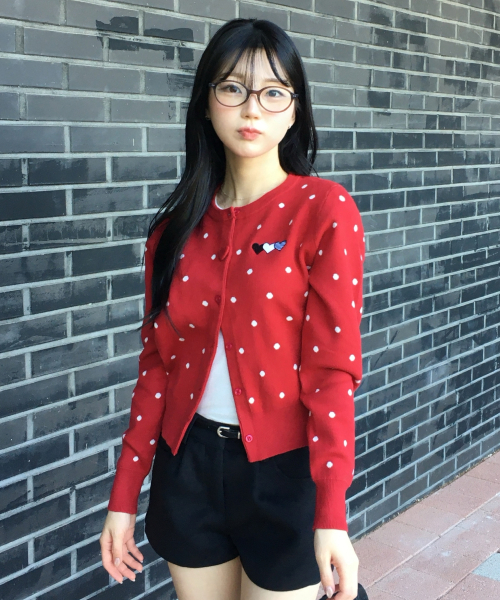 Heart Button Point Cardigan Red