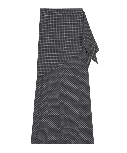 DRAPE WRAP CHECK LONG SKIRT_BLACK