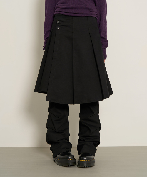 Pleats Button Wrap Skirt (Black)