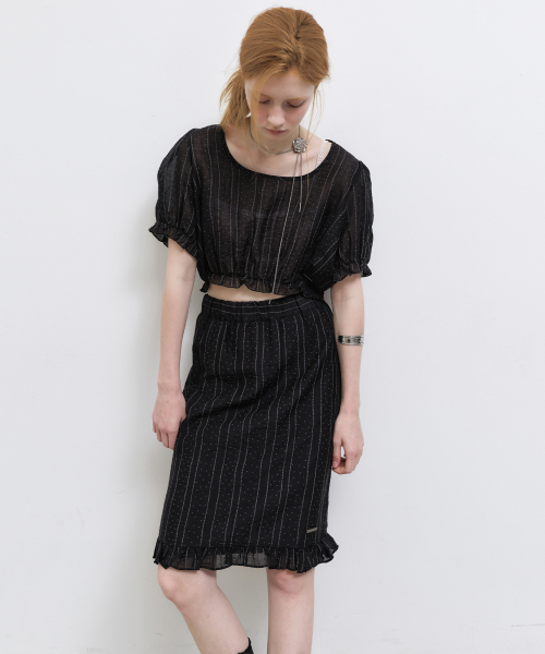 PIN STRIPE FLARE SKIRT_BLACK
