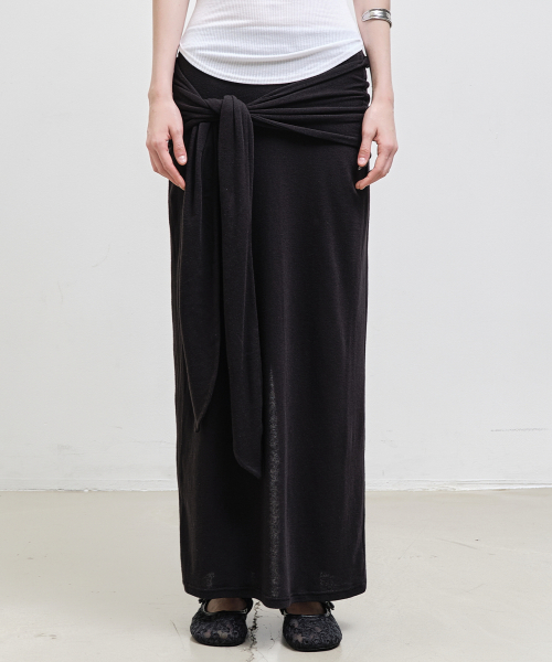 WRAP TIE LONG SKIRT_BLACKㅍ