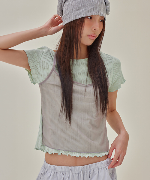 Mesh Halter Layered T-Shirt, SAGE GREEN