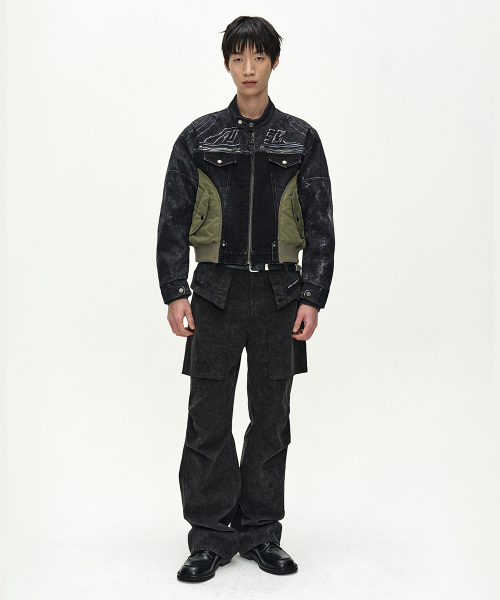 NYLON PATCH RACING DENIM COMBO JACKET (BLACK)