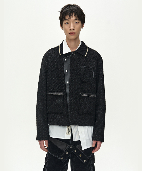 KNIT COLLAR TWEED CARDIGAN (BLACK)