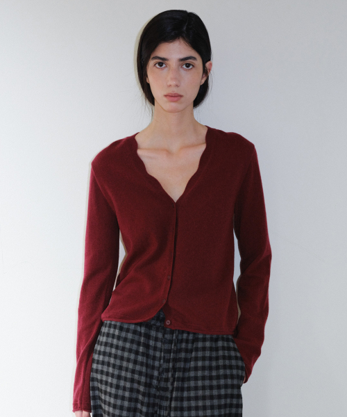 WAVE V NECK WOOL CARDIGAN - WINE