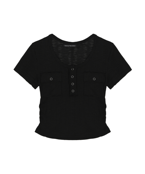 HENLEY NECK BUTTON TOP_BLACK