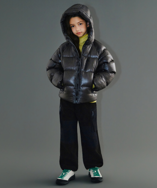 무신사 스탠다드 키즈 [시티 레저] 시어 립스탑 후디드 다운 숏 패딩 재킷 [그레이]