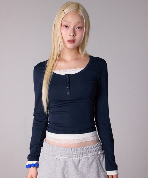 LACE LAYERED LONG SLEEVE_NAVY