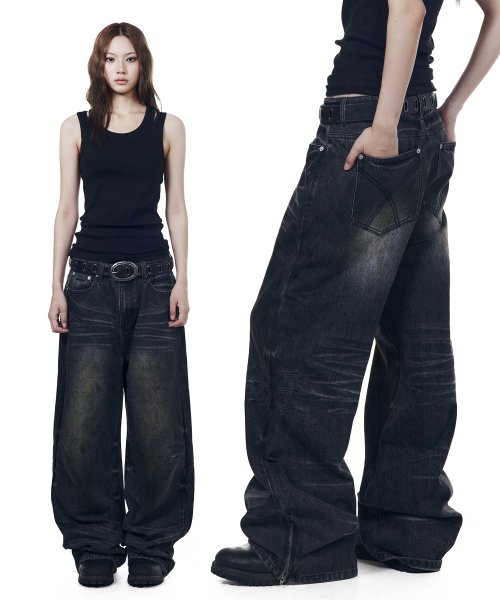 MUSINSA公式 | AAKAM Washed Zipper Slit Denim Pants (Light Blue)