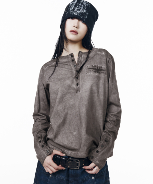 Military Dyed Henry Neck Long Sleeve (Dark Purple)