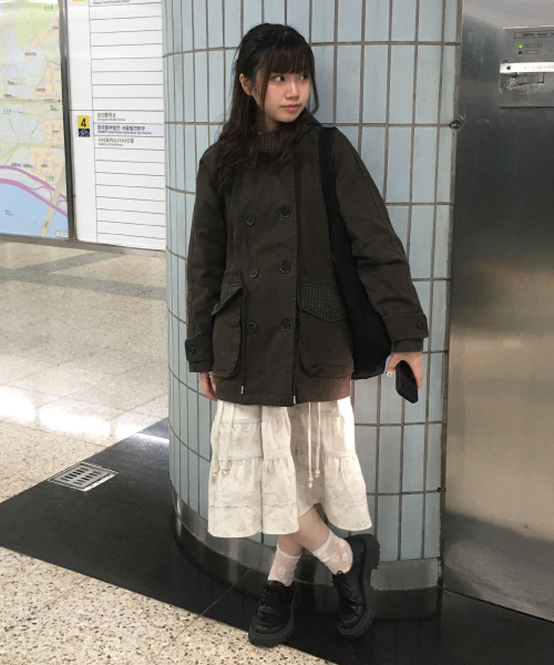 (우먼) 빈티지 체크 배색 후디 자켓-카키