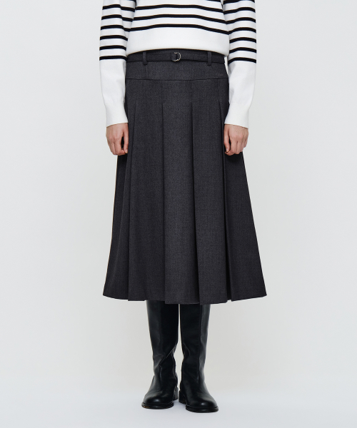 W BELTED PLEATS MIDI SKIRT charcoal
