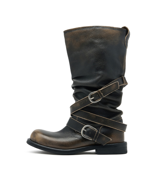 [GROVE X NEGATIVETHREE] Slouchy Long Strap Boots_Rub Off Black