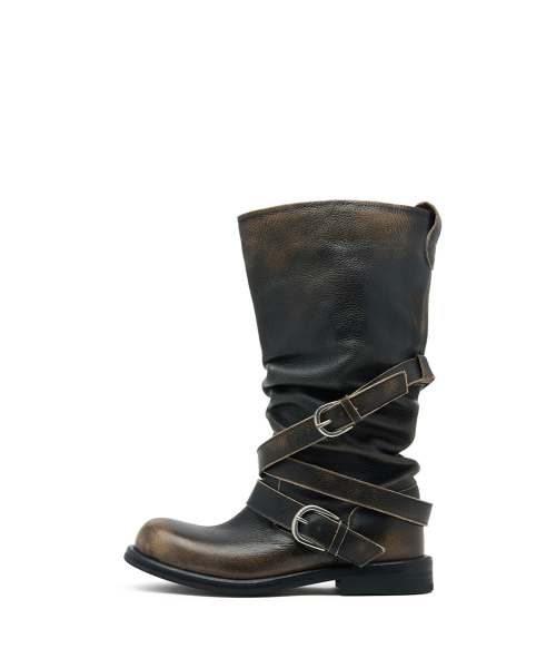 네거티브쓰리 [GROVE X NEGATIVETHREE] Slouchy Long Strap Boots_Rub Off Black