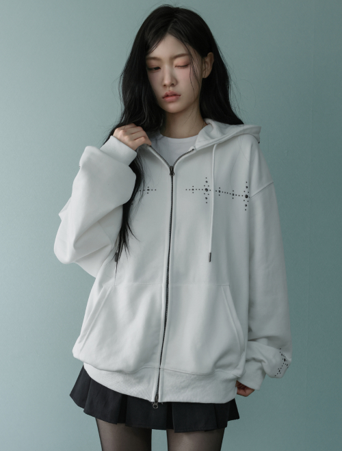 크로스 스톤 오버핏 후드집업 아이보리