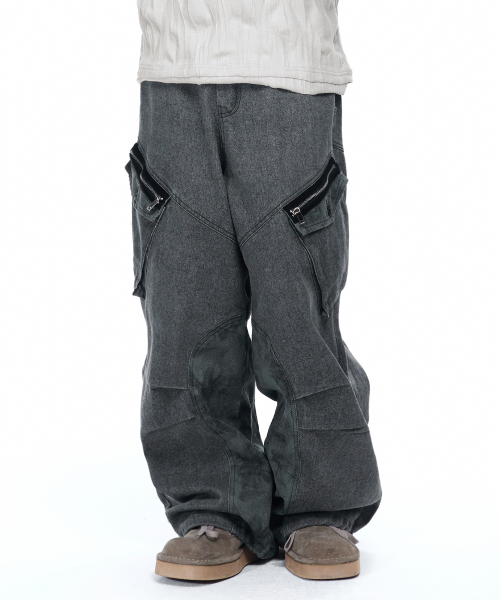 HERRINGBONE MIX CARGO PANTS - CHARCOAL