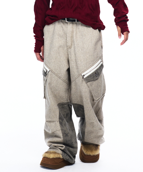 HERRINGBONE MIX CARGO PANTS - BEIGE