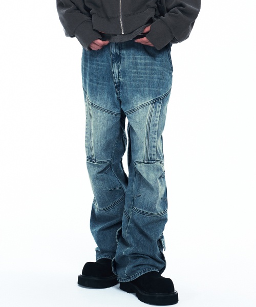 CUTLINE WASHED FLARE PANTS - DENIM