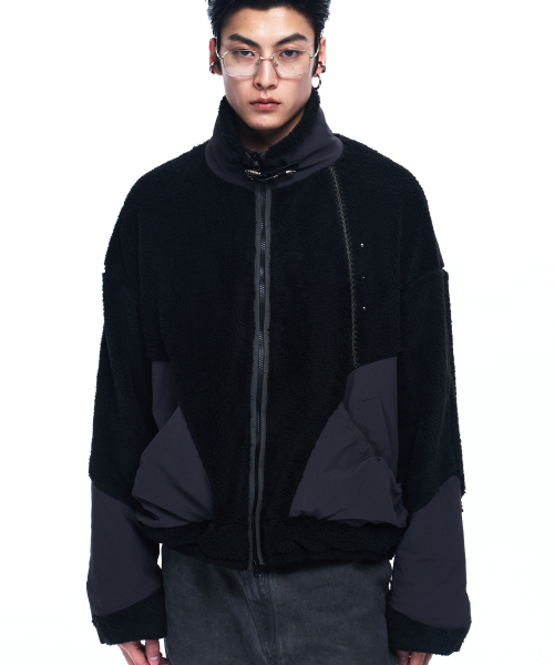 NYLON MIX FLEECE JACKET - BLACK