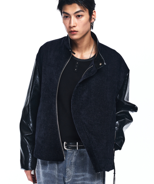 LEATHER MIX CURVED JACKET - NAVY