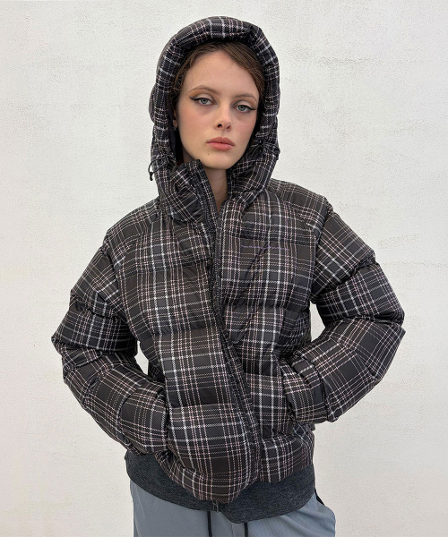 Hooded Puffer Down Gray Check