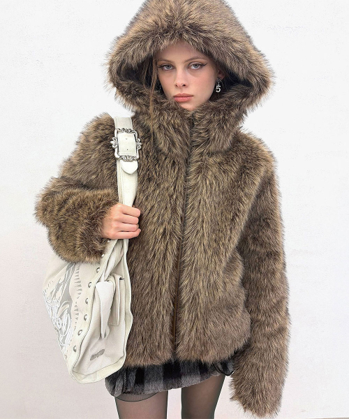 Faux Fur Hoodie Jacket Brown