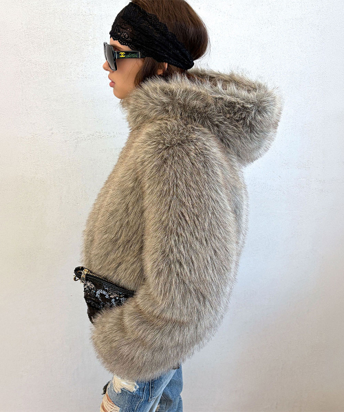Faux Fur Hoodie Jacket Beige