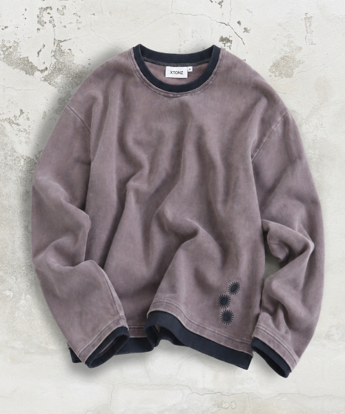 XTT168 더스트 워싱 레이어드 크롭 롱슬리브 (PURPLE/BROWN)