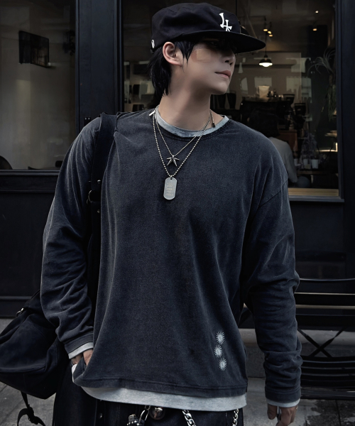 XTT168 더스트 워싱 레이어드 크롭 롱슬리브 (BLACK)