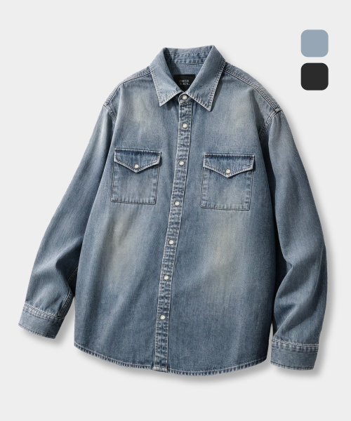 FADED WASHING MINIMAL WESTERN DENIM SHIRT_2 COLOR