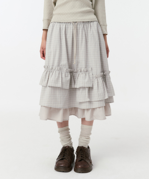 CHECK FRILL MIDI SKIRT, LIGHT BEIGE