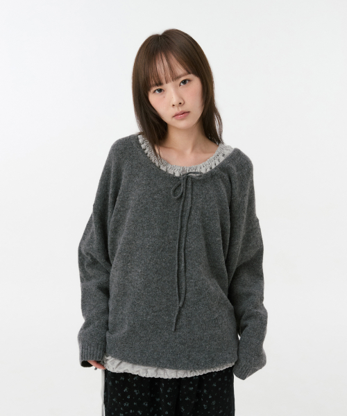 SOFT ALPACA LAYERED U-NECK KNIT, CHARCOAL