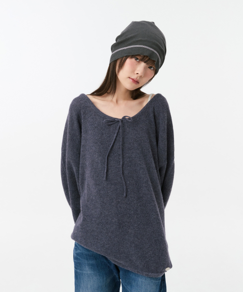 SOFT ALPACA LAYERED U-NECK KNIT, PURPLE