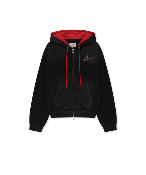 VINTAGE WASHED COLOR CONTRAST HOODY ZIP UP IN BLACK