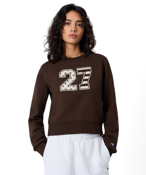 여성 넘버링 크롭 기모 스웨트 셔츠 Brown