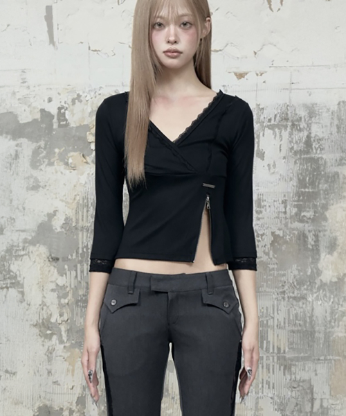 Lace Trim Button Wrap Long Sleeve (Black)