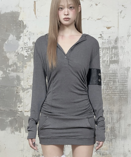 Hood Layer Shirring Mini One-Piece (Melange Gray)