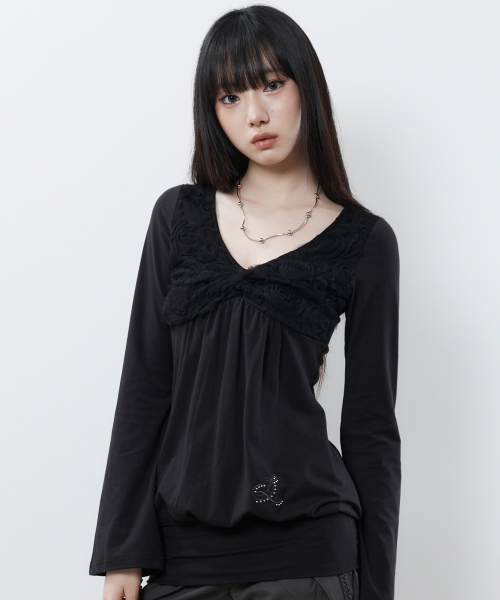 RL BALLOON SHIRRING TOP(BLACK)