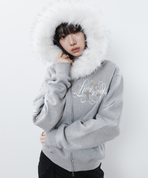 RL CROSS LETTERING FUR HOOD ZIP UP(GRAY)