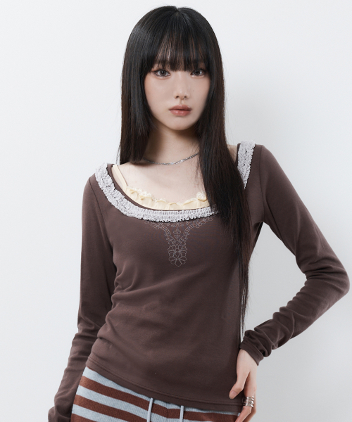 RL FRILL SLEEVE TEE(BROWN)