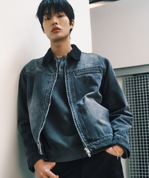 100 Cotton Collar Contrast Gray Denim Trucker Jacket