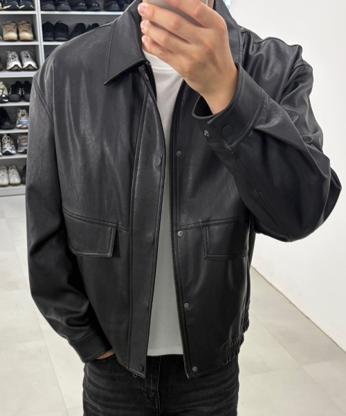 [COUTURE]Out-pocket Black Leather Oversized Blouson