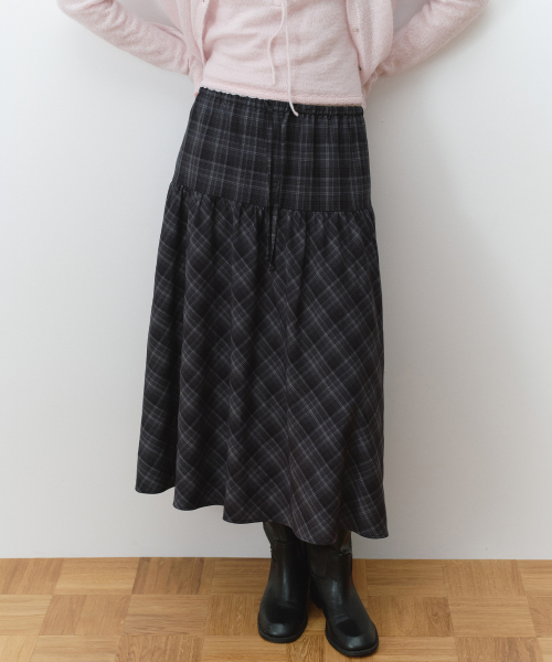CHECK SHIRRING LONG SKIRT DEEP GRAY